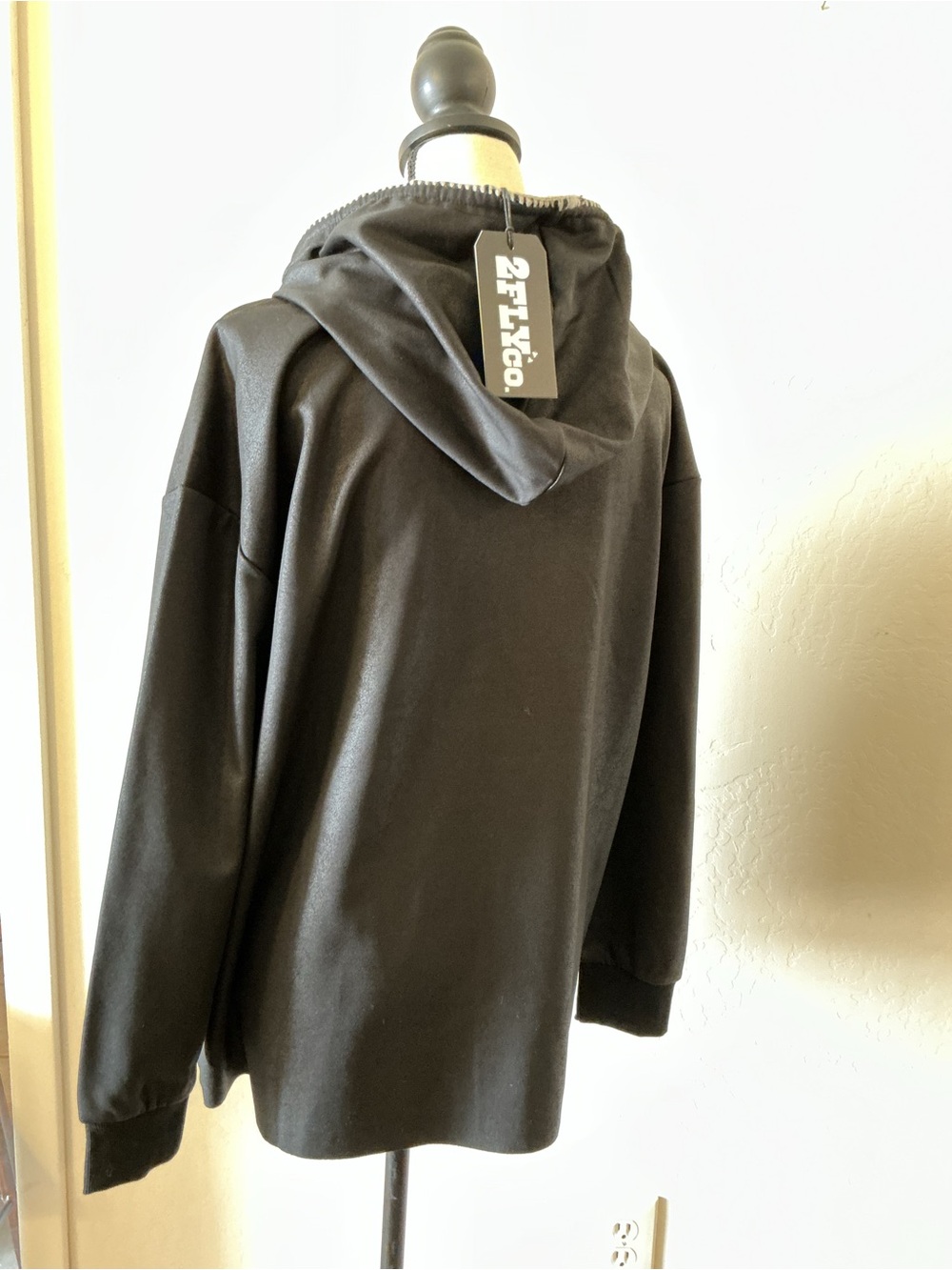 Black Leather Look Hoodie with Cream Western Graphic - Picture 2 of 5